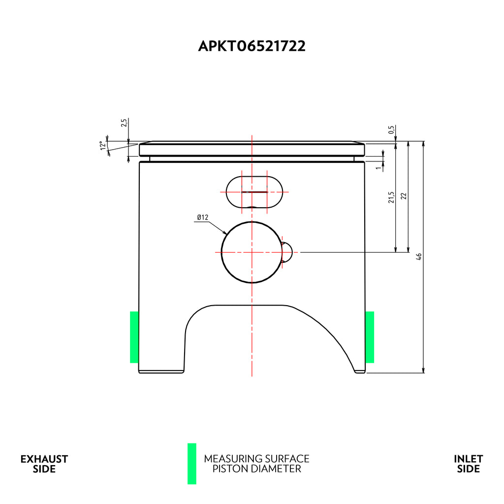 VHM piston kit KTM 65SX 2009 - 2023 / Husqvarna TC65 2017 - 2023 / GasGas MC65 2021 - 2023 Ø44.95 (12° top) APKT06521722A